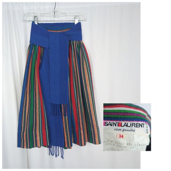 Vintage YSL Saint Laurent Skirt XX Small Midi Striped Wool - Picture 1 of 11
